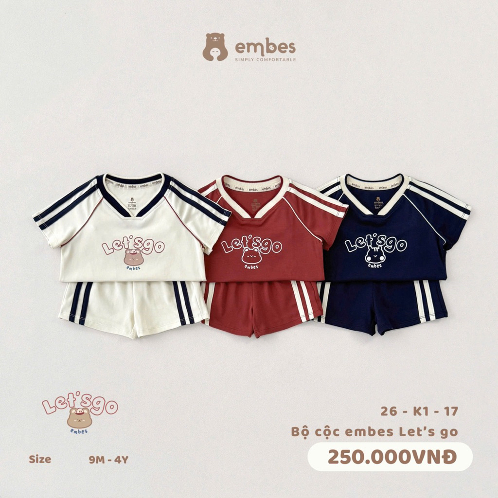 Bộ cộc Embes cổ V in chữ Let’s Go cho bé trai. Bộ cộc tay dáng thể thao cho bé trai mặc hè BEO.Kids