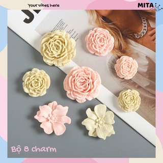 Bộ 8 Sticker, Charm 3D chủ đề Hoa trà nhựa cứng gắn Dép Sục, Cá sấu JB-444 Mita
