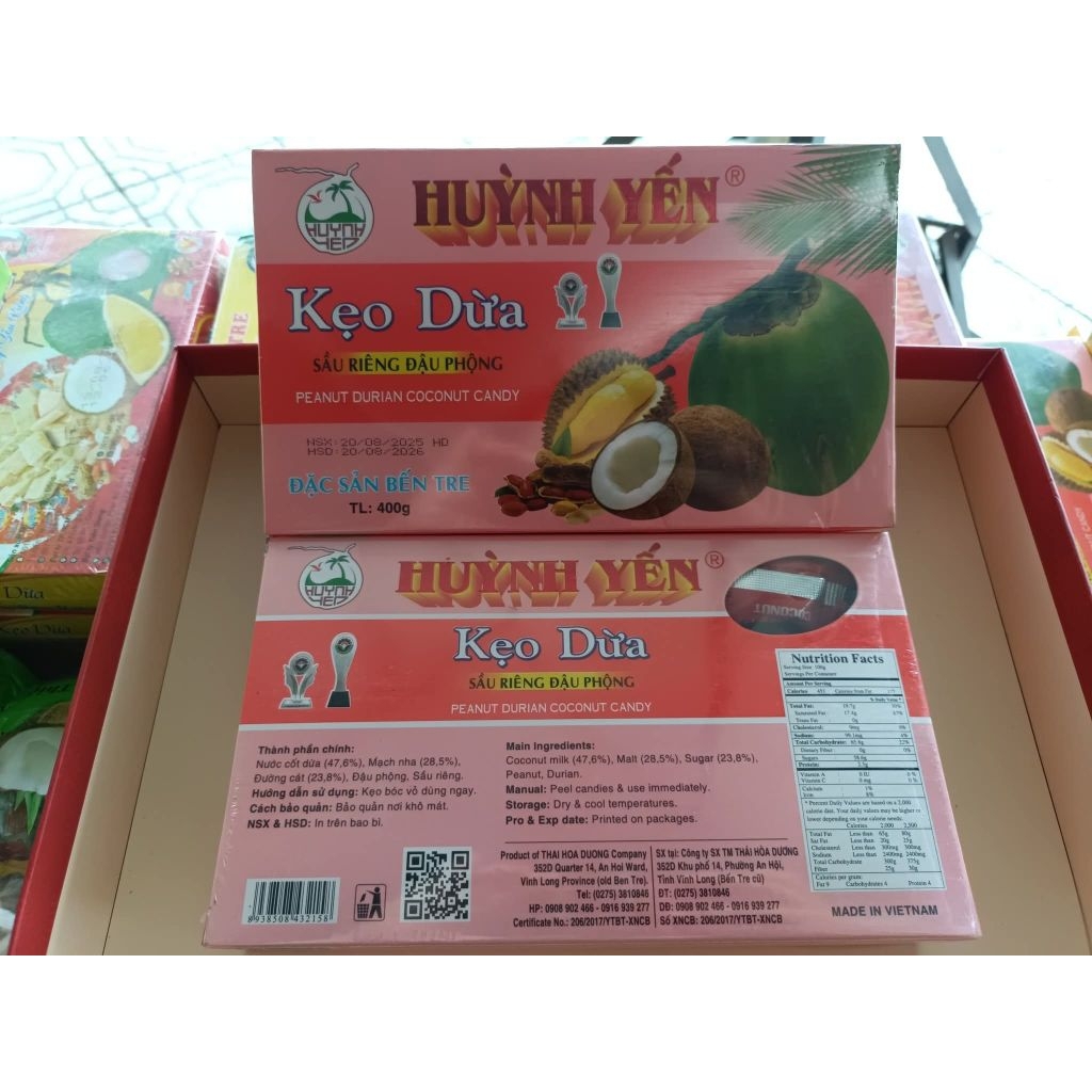 ( Ít ngọt ) Kẹo dừa đậu phộng sầu riêng Huỳnh Yến ( hộp 400g )  __  đặc sản Bến Tre