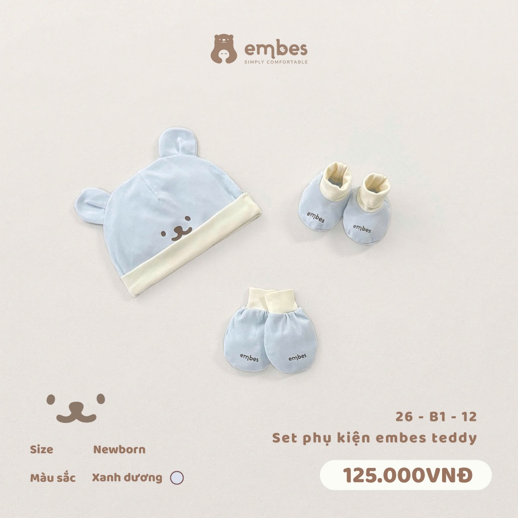 Phụ Kiện Sơ Sinh Embes, Set Bao Tay Bao Chân Embes Teddy Chất Cotton Mềm Mại Cho Bé Sơ Sinh 0-3Tháng