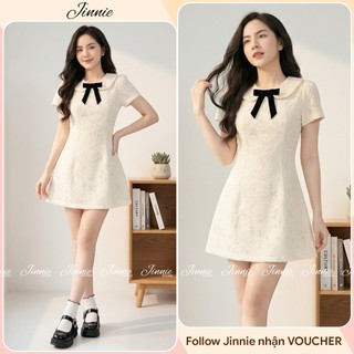 Váy đầm cổ sen dáng ngắn hoạ tiết ren hoa dày dặn 2 lớp siêu xinh phối nơ nhung tiểu thư GENZ.CLOSET