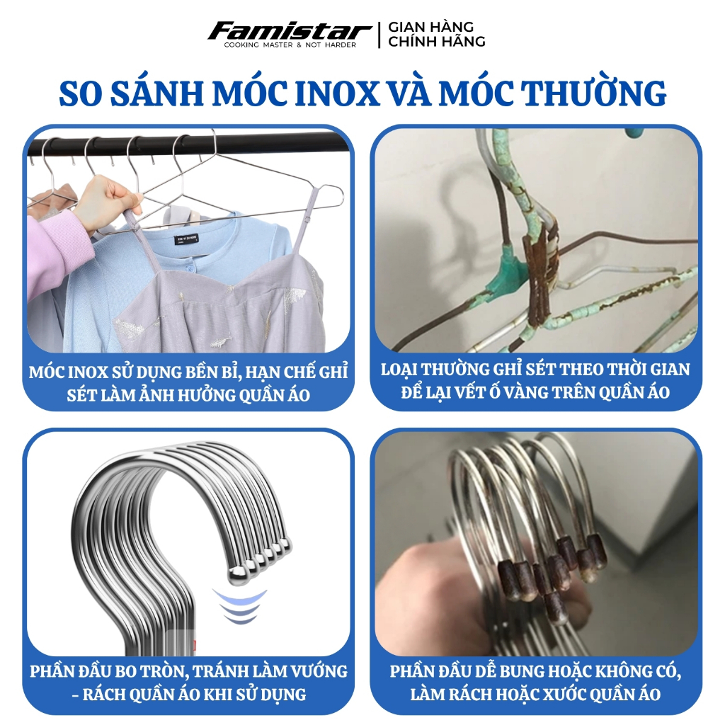 Combo 50 móc treo quần áo INOX Famistar, móc phơi quần áo, móc quần áo, móc treo quần áo trẻ em MQA