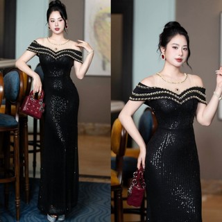 Đầm váy dạ hội trung niên kim sa phối luới đính đá thiết kế siêu sang tk