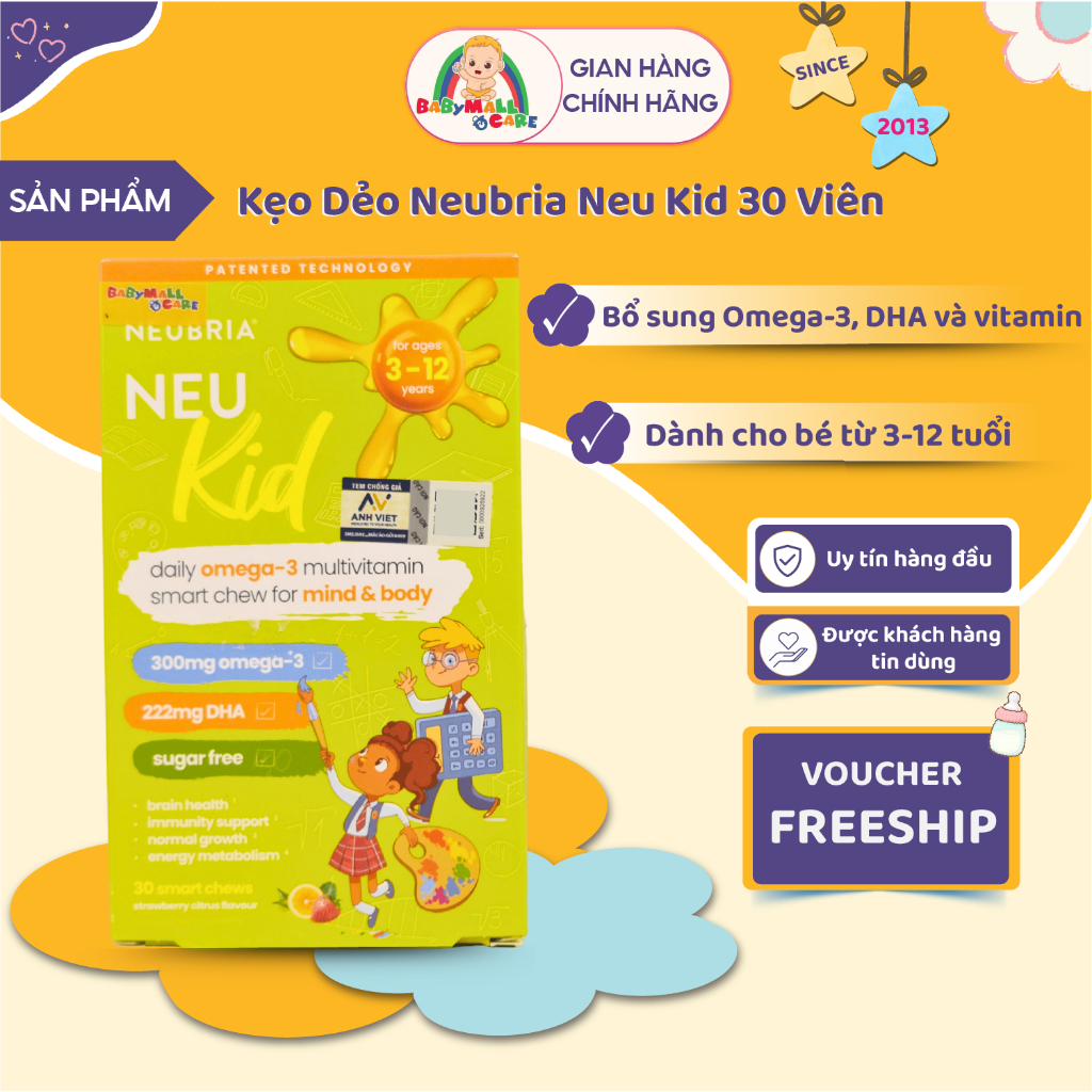 Kẹo Dẻo Neubria Neu Kid Omega 3 Multivitamin 30 Viên Hỗ Trợ Bổ Sung DHA Cho Bé 3-12T Babymall & Care