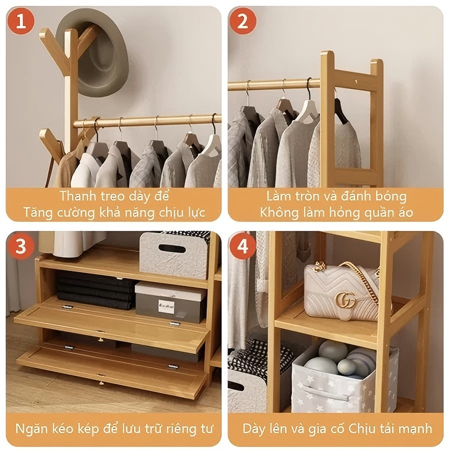 Tủ Quần Áo Tre Đa Năng Kết Hợp Treo Đồ Và Kệ Mở Tiết Kiệm Diện Tích Cho Phòng Ngủ Nhỏ Kích Thước