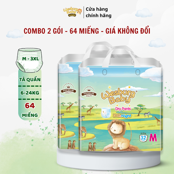 Combo 2 Gói Tã Quần Trẻ Em WESBURG BABY Siêu Thấm Hút, Thoáng Khí 360°, Mềm Mại Ôm Khít Size M/L/XL/XXL/XXXL x32 Miếng