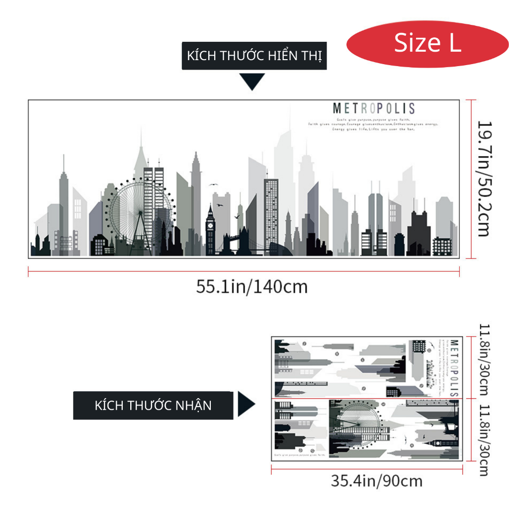 Decal Dán Tường Thành Phố Metropolis Hiện Đại Có Keo Sẵn 140x50.2cm - Trang Trí Không Gian