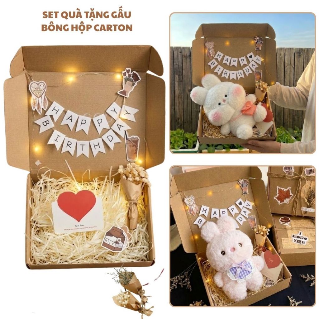 Hộp Quà Tặng Gấu Bông Carton Vingeta Dễ Thương Kèm Bó Hoa,Đèn Led,Thiệp,Cờ Treo Chữ Làm Quà Tặng Cho Bạn Gái/Trai,Cho Bé