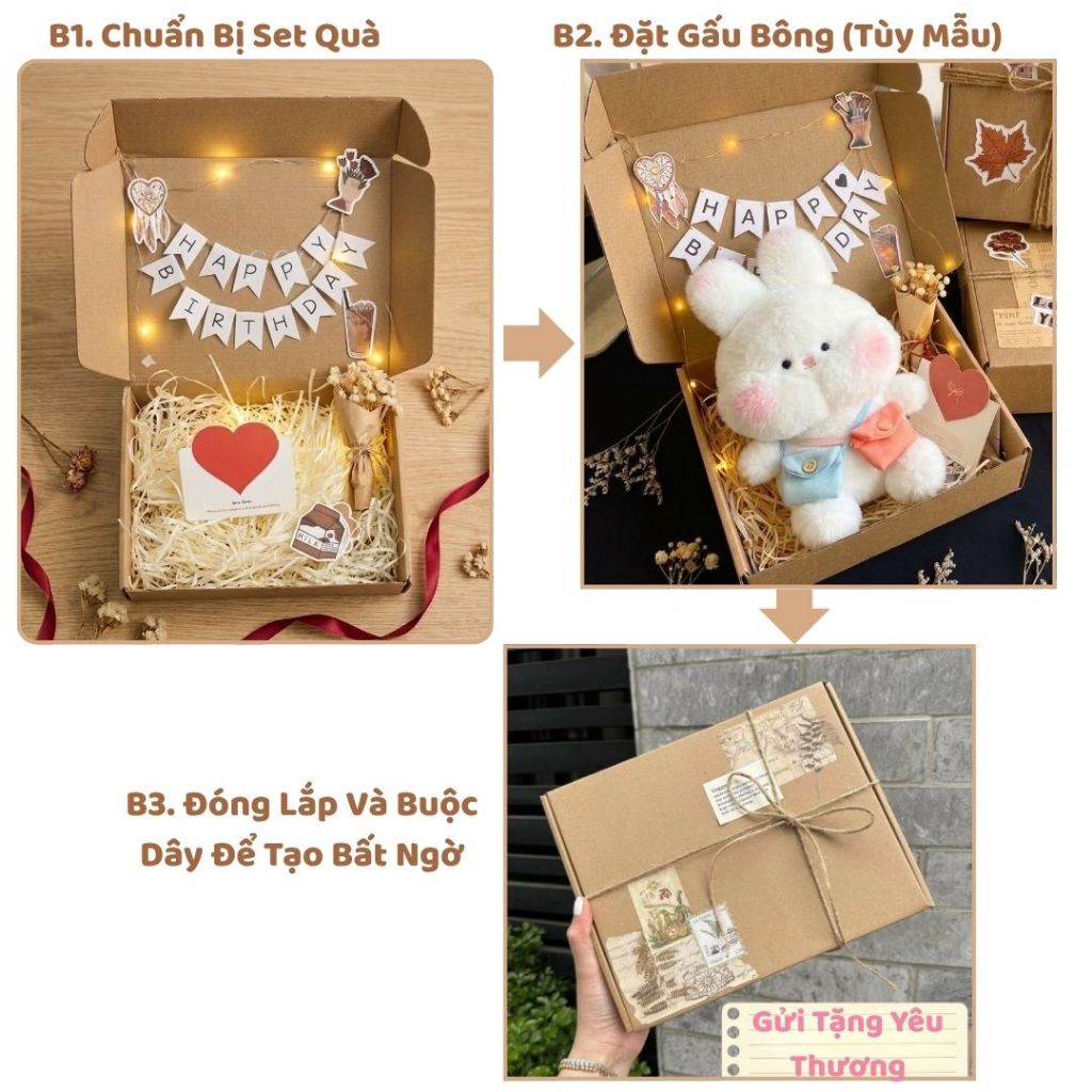 Hộp Quà Tặng Gấu Bông Carton Vingeta Dễ Thương Kèm Bó Hoa,Đèn Led,Thiệp,Cờ Treo Chữ Làm Quà Tặng Cho Bạn Gái/Trai,Cho Bé