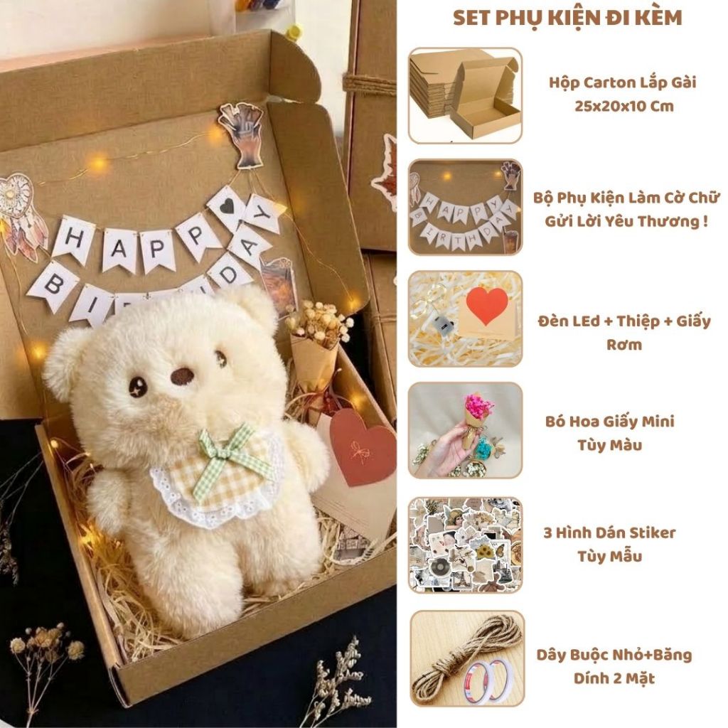 Hộp Quà Tặng Gấu Bông Carton Vingeta Dễ Thương Kèm Bó Hoa,Đèn Led,Thiệp,Cờ Treo Chữ Làm Quà Tặng Cho Bạn Gái/Trai,Cho Bé
