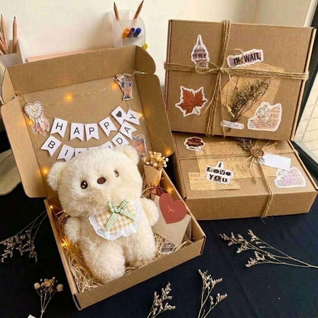 Set Quà Tặng Gấu Bông Hộp Carton Dễ Thương, Hộp Quà Tặng Thú Nhồi Bông Kraft Vingate Quà Tặng Cho Bạn Trai,Bạn Gái.Babis
