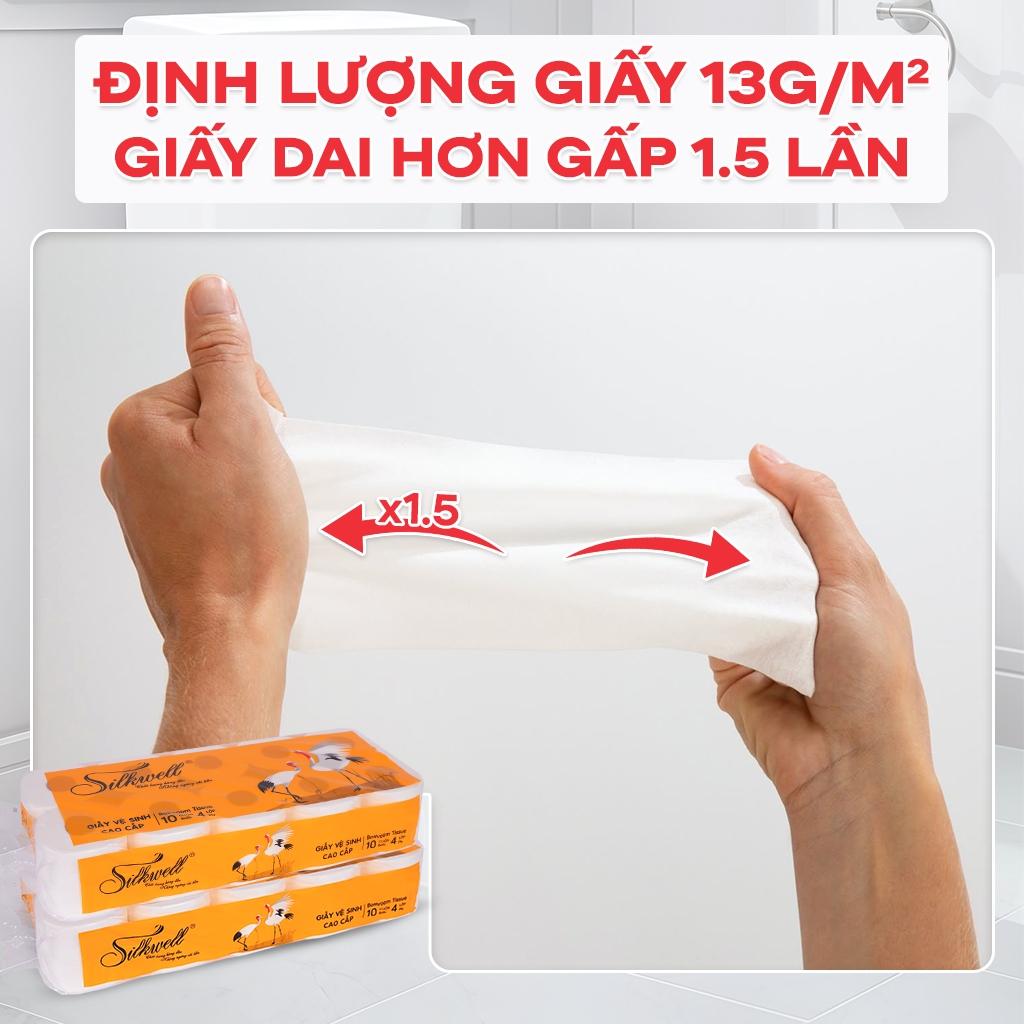 [COMBO 2 DÂY] Giấy vệ sinh Silkwell Sếu 10 cuộn cao cấp 4 lớp có lõi, làm từ bột giấy tự nhiên