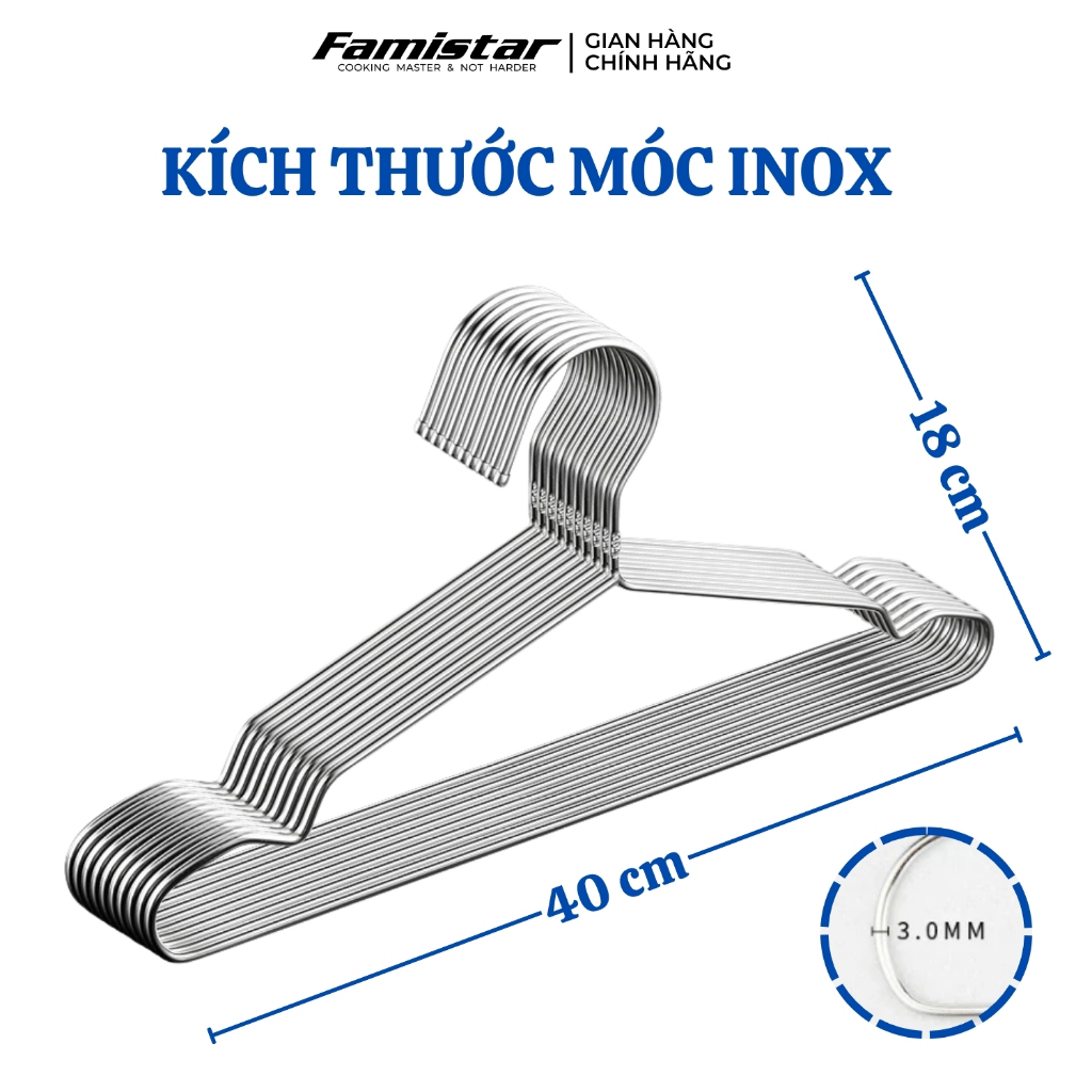 Combo 50 móc treo quần áo INOX Famistar, móc phơi quần áo, móc quần áo, móc treo quần áo trẻ em MQA