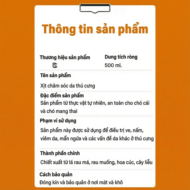 🐶 Xịt trị ghẻ, nấm, rụng lông 500ml – Công thức tự nhiên, an toàn, thú cưng liếm được, hiệu quả nhanh 🐱
