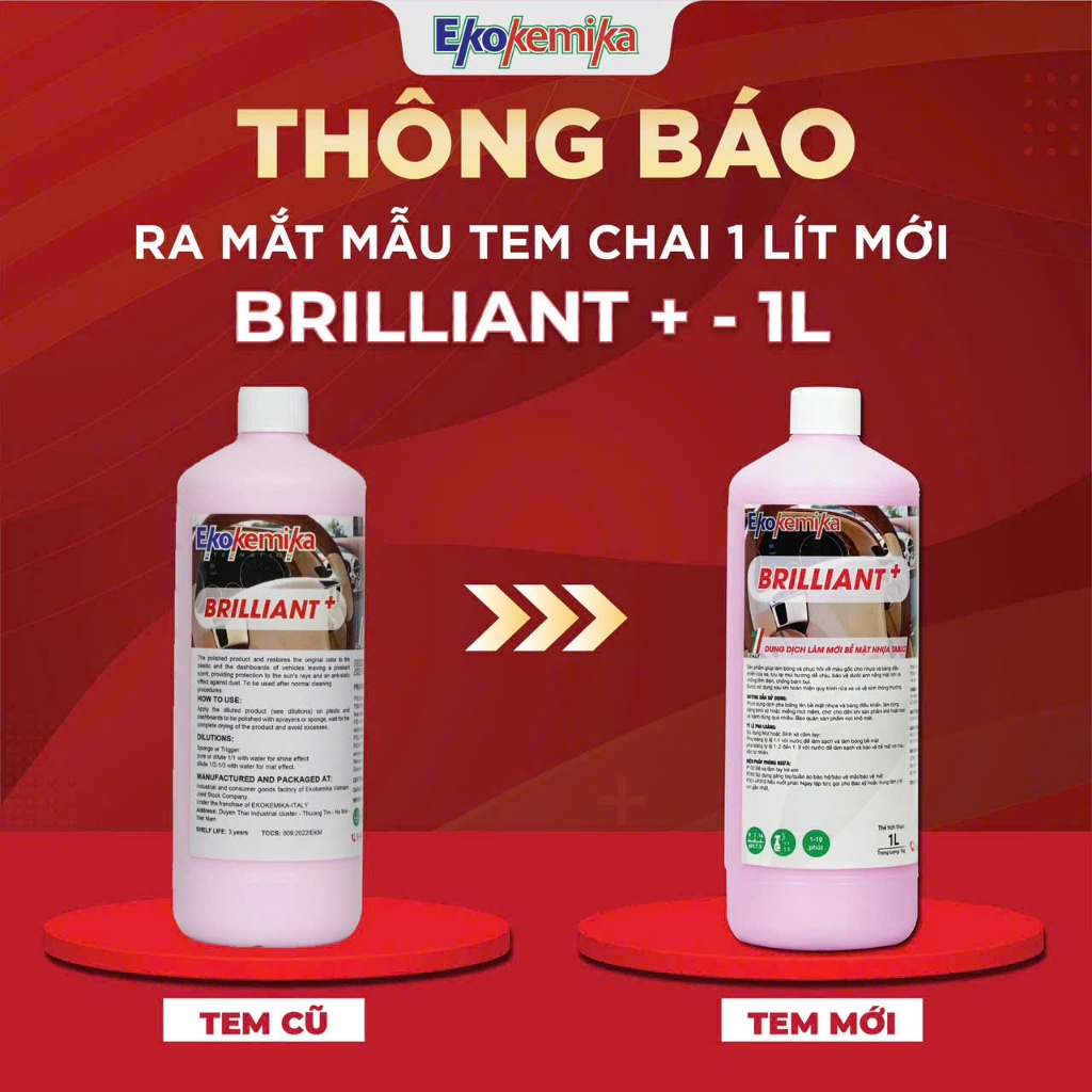 Dung dịch làm bóng,làm mới, chống bám bụi bảo dưỡng nhựa và Tablo BRILLIANT+ thương hiệu Ekokemika chai 1L