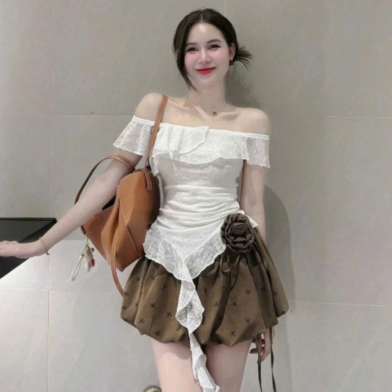 Áo Bigsize Nữ Ren Trễ Vai Co Giãn Nhẹ Dây Rút Eo Dáng Xòe Che Khuyết Điểm 60-92kg A350