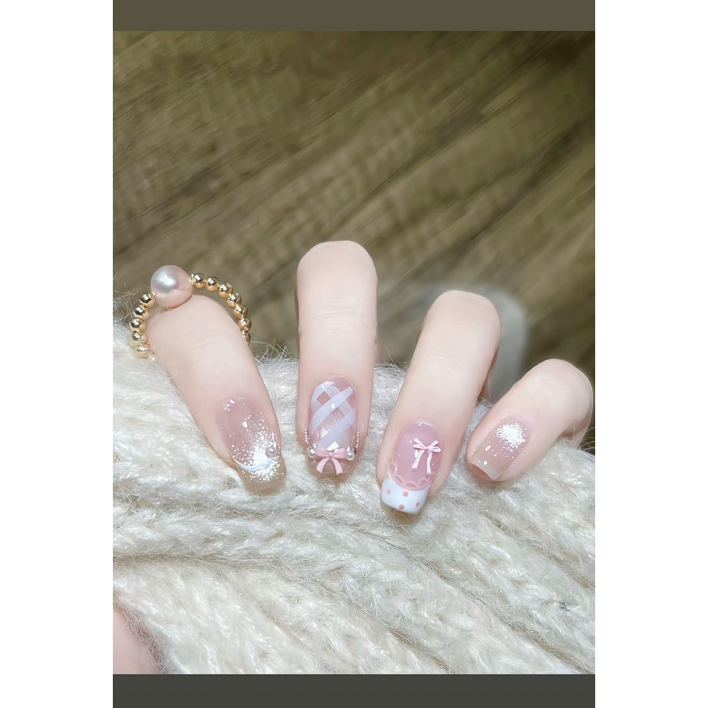 Nailbox [ Mã M41 ] Mẫu Nail Tone Hồng Sữa Mix Nơ Xinh Họa Tiết Caro Nhẹ Nhàng - Nail Thiết Kế Thủ Công