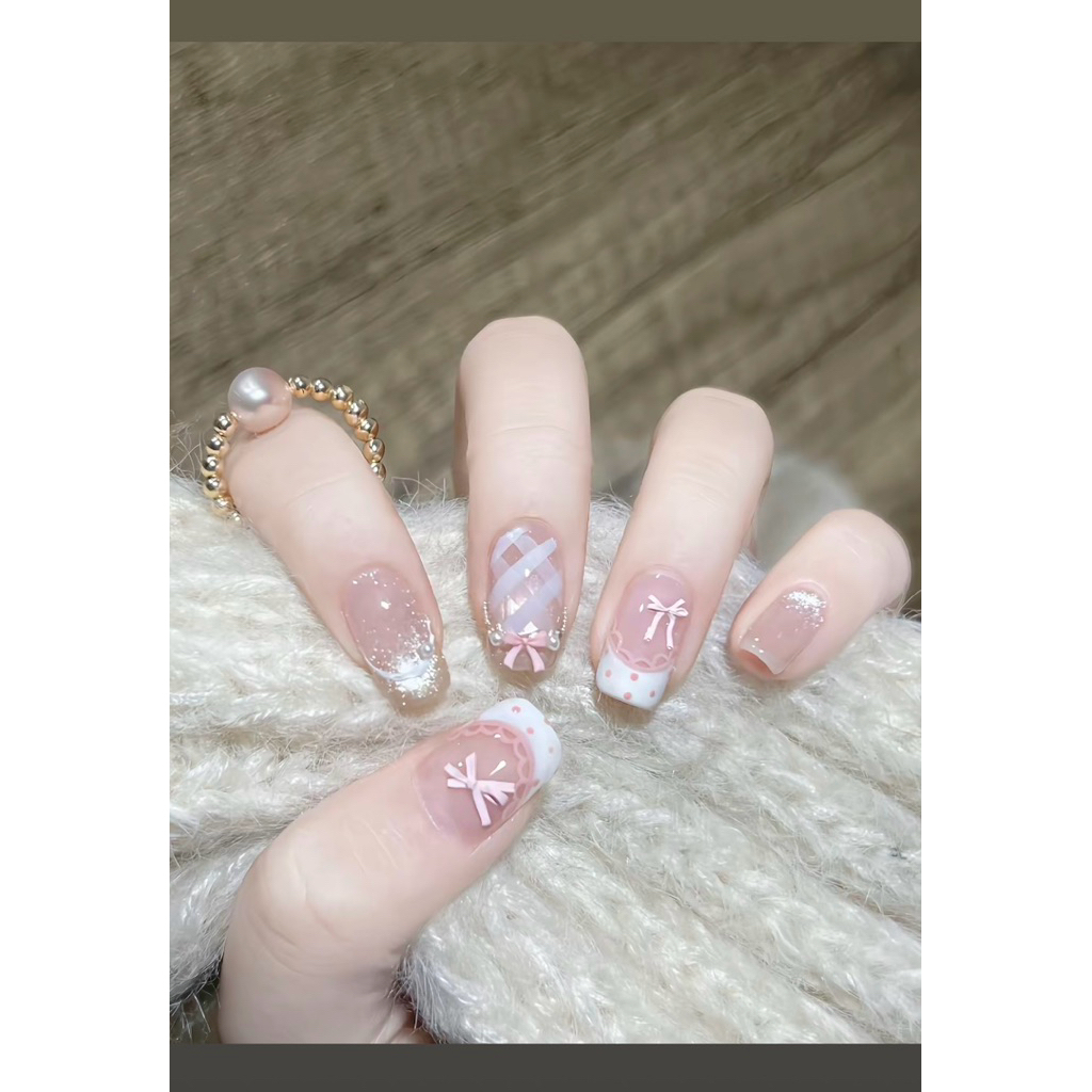 Nailbox [ Mã M41 ] Mẫu Nail Tone Hồng Sữa Mix Nơ Xinh Họa Tiết Caro Nhẹ Nhàng - Nail Thiết Kế Thủ Công