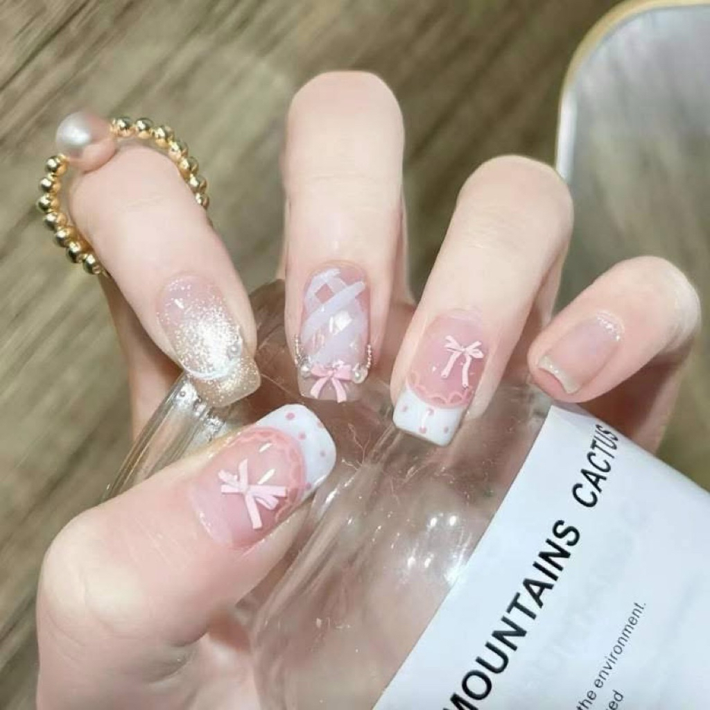 Nailbox [ Mã M41 ] Mẫu Nail Tone Hồng Sữa Mix Nơ Xinh Họa Tiết Caro Nhẹ Nhàng - Nail Thiết Kế Thủ Công