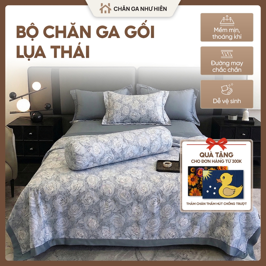 Bộ Chăn Ga Gối Lụa Thái 5 Món (Có Vỏ Gối Ôm) Cao Cấp – Mềm Mịn, Thoáng Mát, Sang Trọng, Nhiếu họa tiết