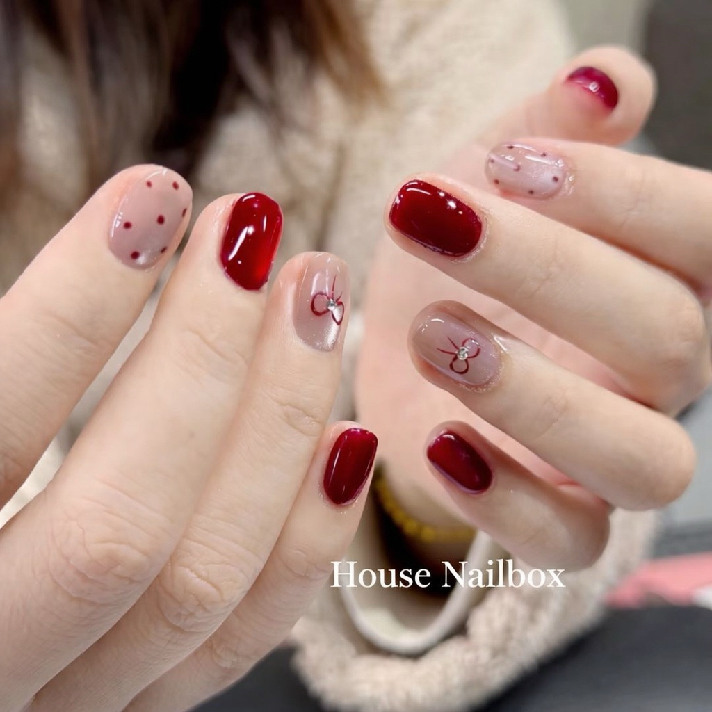Nailbox [ Mã Đ38] Mẫu nail vuông ngắn đỏ rượu mix mắt mèo vừa cá tính vừa ngọt ngào