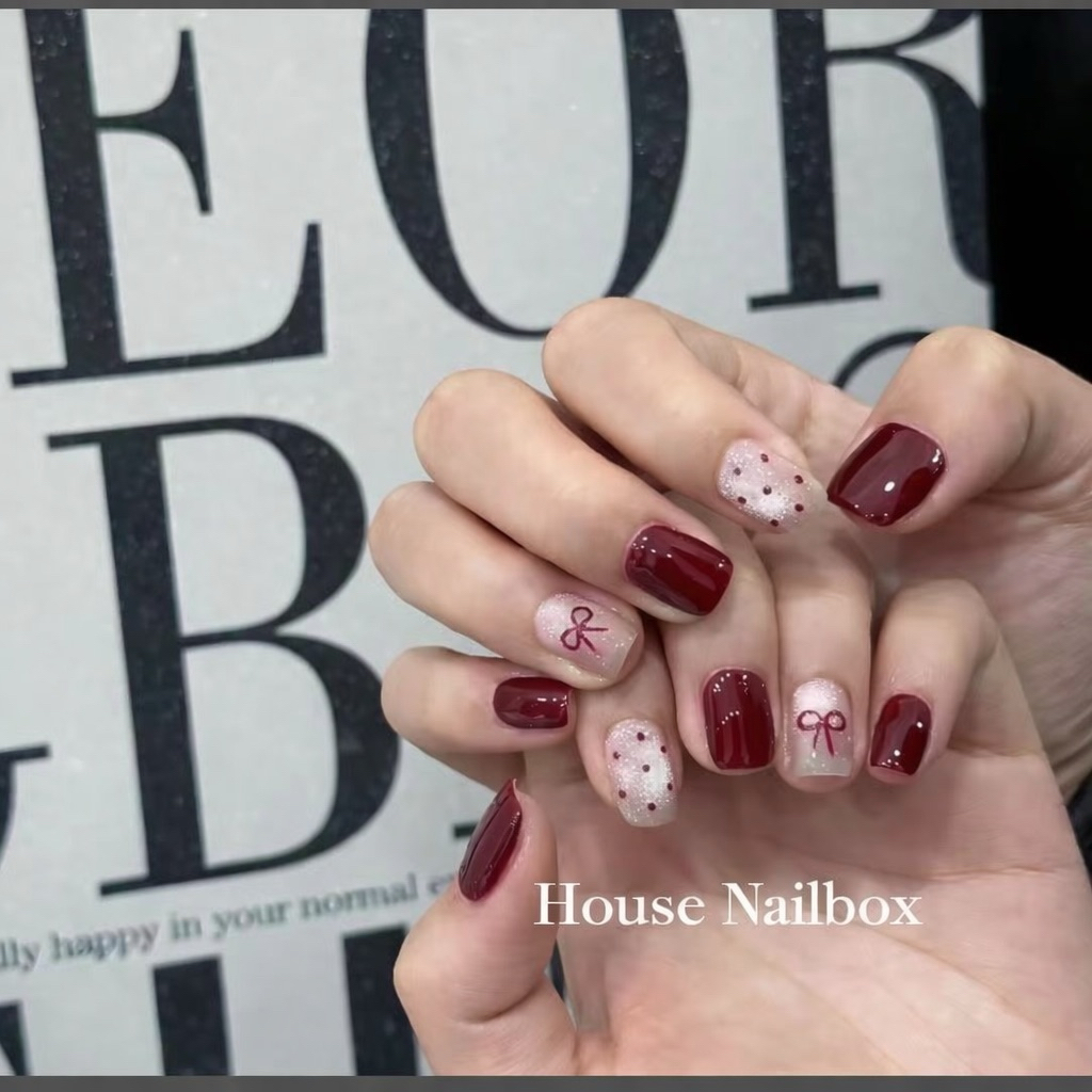 Nailbox [ Mã Đ38] Mẫu nail vuông ngắn đỏ rượu mix mắt mèo vừa cá tính vừa ngọt ngào