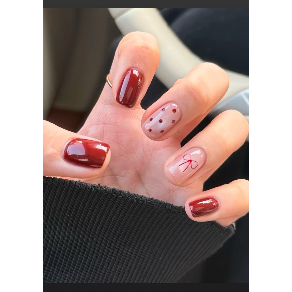 Nailbox [ Mã Đ38] Mẫu nail vuông ngắn đỏ rượu mix mắt mèo vừa cá tính vừa ngọt ngào