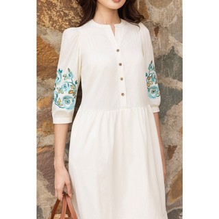 SWANLAKE | Váy Đầm Nữ Maxi Đuôi Cá Xòe Vải Cotton Tay Lỡ Thêu Hoa Cổ Trụ Cài Nút Công Sở D13567