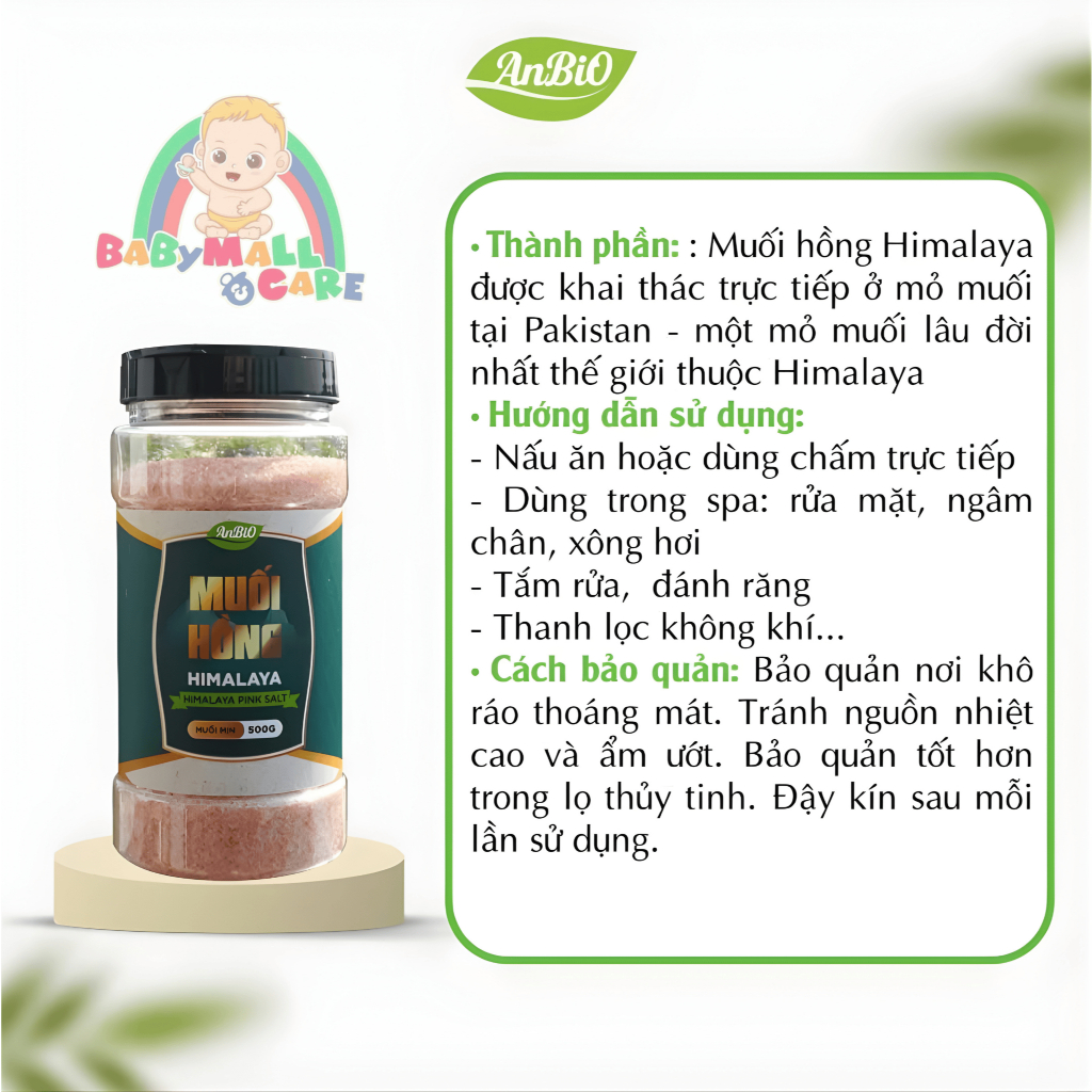 Muối Hồng Himalaya Anbio 500G Dạng Hạt Thô & Mịn Dùng Làm Gia Vị Nấu Ăn, Ngâm, Tắm | Babymall & Care