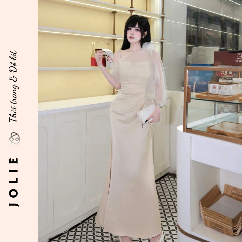 Váy dạ hội dáng dài phối tơ lệch vai sang trọng đầm đi tiệc thiết kế tôn dáng Jolie