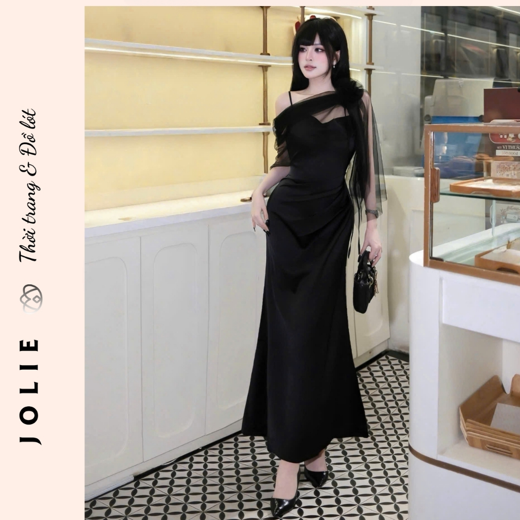 Váy dạ hội dáng dài phối tơ lệch vai sang trọng đầm đi tiệc thiết kế tôn dáng Jolie