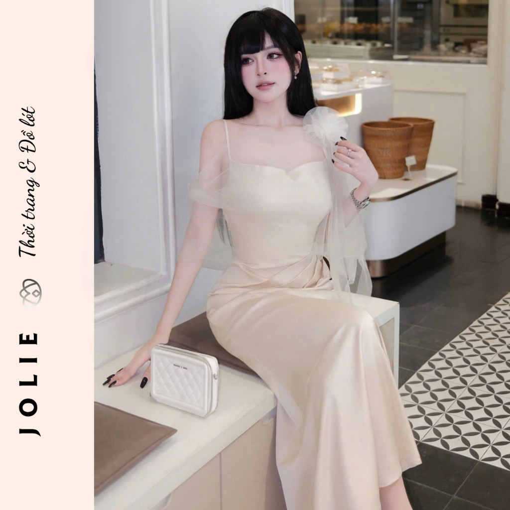 Váy dạ hội dáng dài phối tơ lệch vai sang trọng đầm đi tiệc thiết kế tôn dáng Jolie