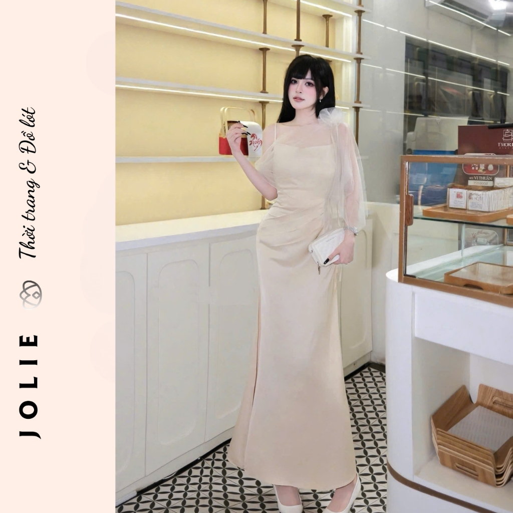 Váy dạ hội dáng dài phối tơ lệch vai sang trọng đầm đi tiệc thiết kế tôn dáng Jolie