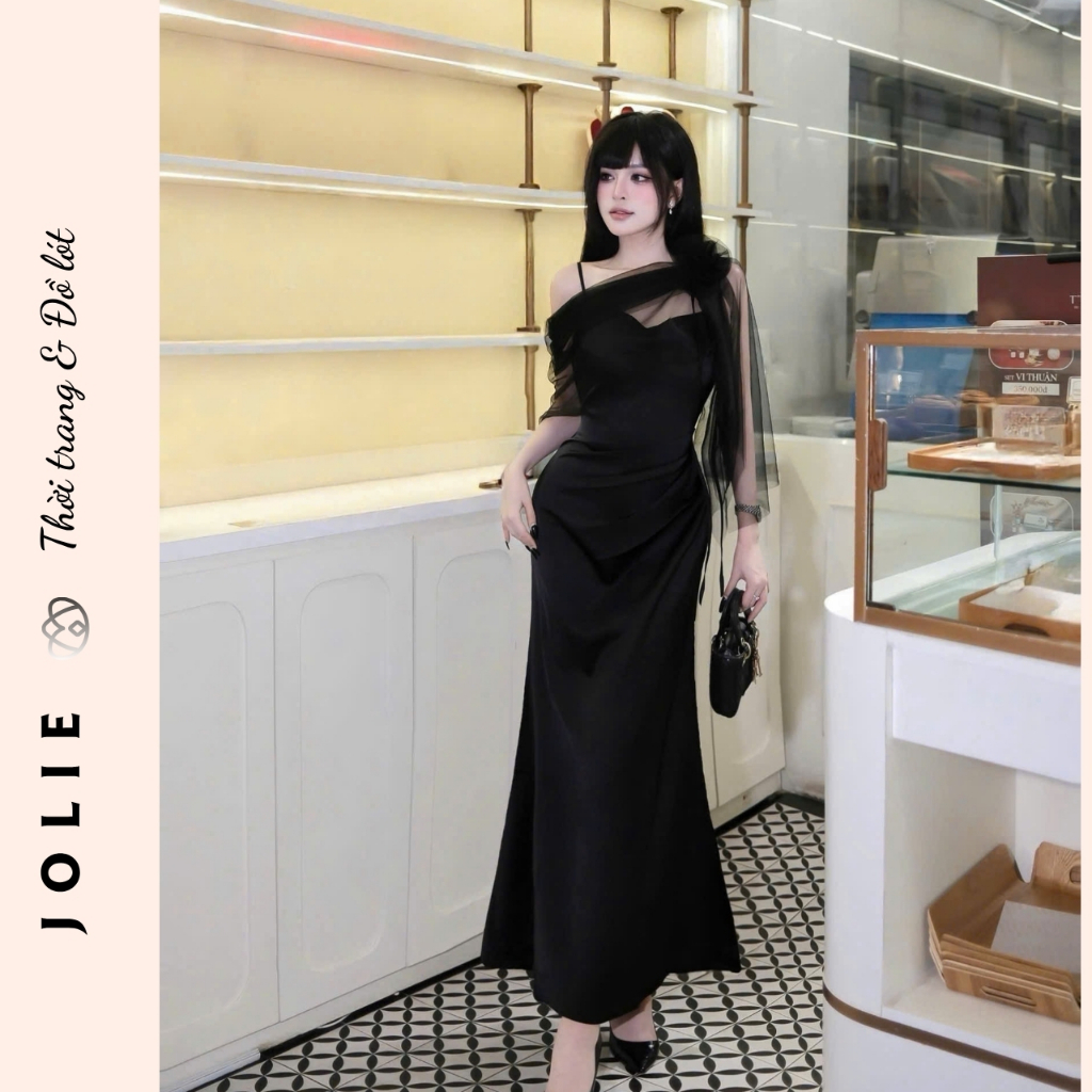 Váy dạ hội dáng dài phối tơ lệch vai sang trọng đầm đi tiệc thiết kế tôn dáng Jolie