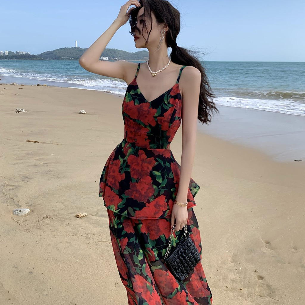 Lulus | Đầm maxi hoa hồng đỏ nền đen siêu nổi bật 🥀