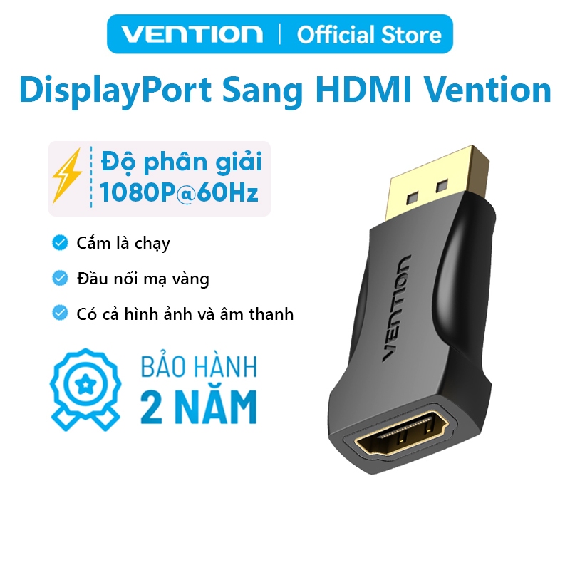 Đầu Chuyển DisplayPort Sang HDMI Vention Hỗ Trợ Độ Phân Giải 1080p 60Hz, Đầu Mạ Vàng Vỏ PVC Bền Chắc Hình Ảnh Sắc Nét