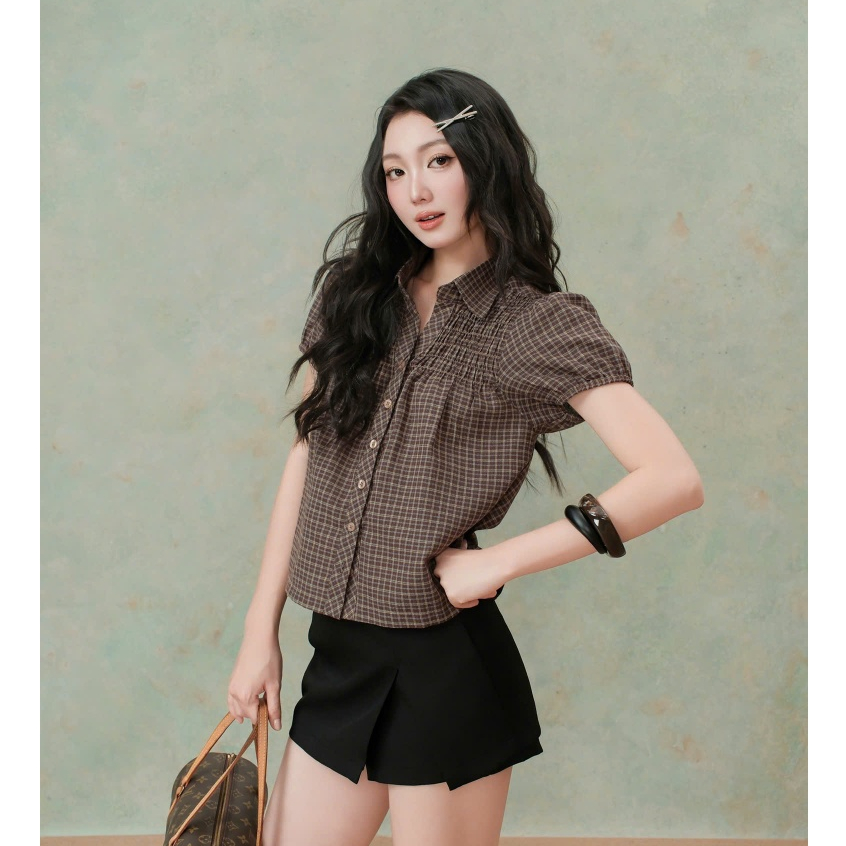 MÌ - ÁO SƠ MI CARO TAY BỒNG - ELLY CARO TOP | Shopee Việt Nam
