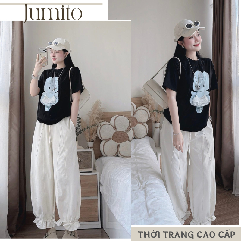 Set quần áo nữ áo thun hình gấu,  bộ đồ nữ quần dài ống rộng bo gấu mặc nhà JUMITO HCOM27118