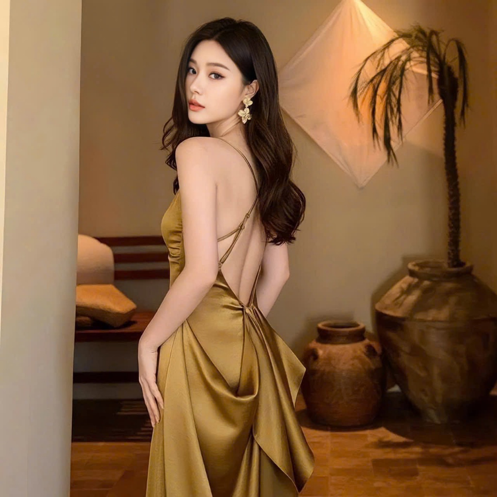 ĐẦM MAXI HAI DÂY HỞ LƯNG PHỐI TÀ SÓNG DÀI
