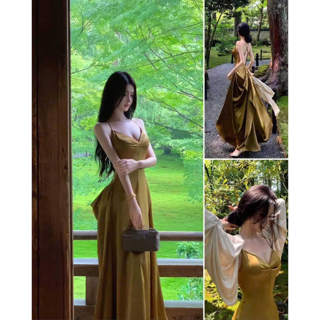ĐẦM MAXI HAI DÂY HỞ LƯNG PHỐI TÀ SÓNG DÀI