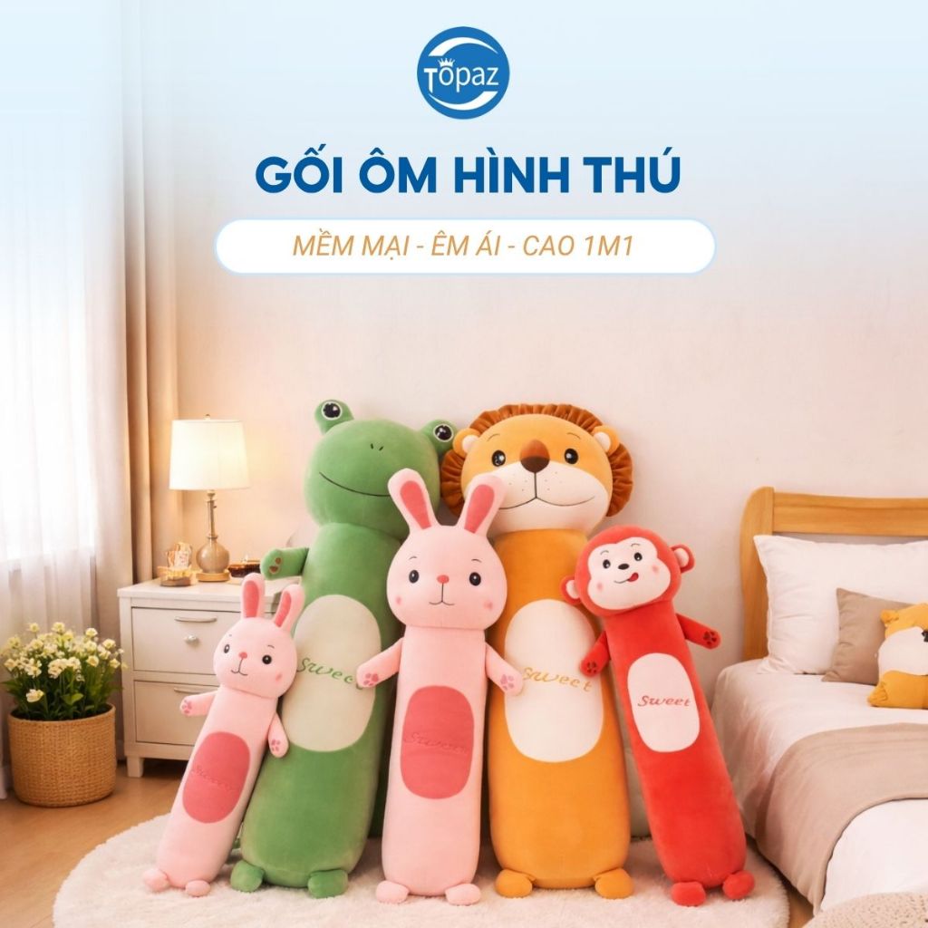 Gối ôm cho bé hình thú sweet chính hãng TOPAZ nhập khẩu siêu to dài 1m1 cực kì đáng yêu vải siêu mịn nhồi bông siêu mềm