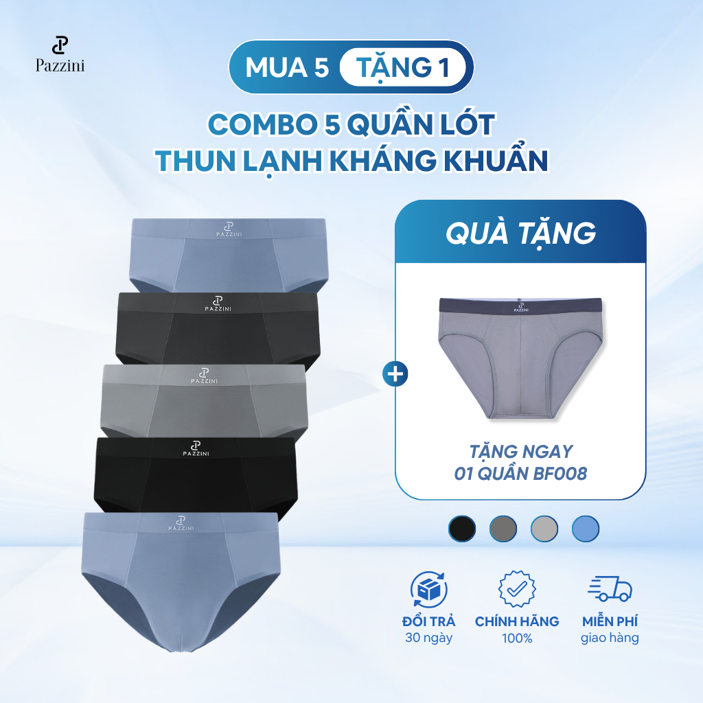 Combo 5 quần lót nam tam giác PAZZINI thun lạnh cao cấp, quần sịp nam co giãn, thấm hút kháng khuẩn tốt - BF006.