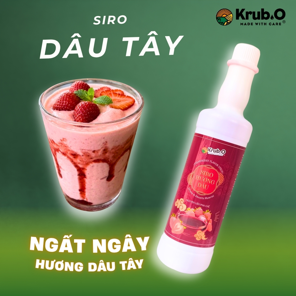 Siro Hương Dâu Tây Krub.O 580ml - Màu Đỏ Ruby, Thơm Ngọt Tự Nhiên, Nguyên Liệu Pha Chế Trà Dâu, Soda (Thùng 15 Chai)