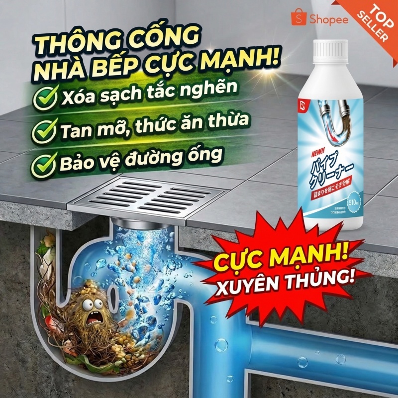 ⚡ Dung dịch thông cống 510ml – Xử lý bồn cầu & ống nghẹt, tan nhanh, dễ sử dụng, không làm hỏng ống ⚡