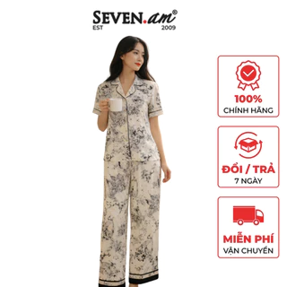Set áo pijama nâu be cổ lá sen phối ren mặc nhà thời trang nữ Seven.AM B103270I B850139I