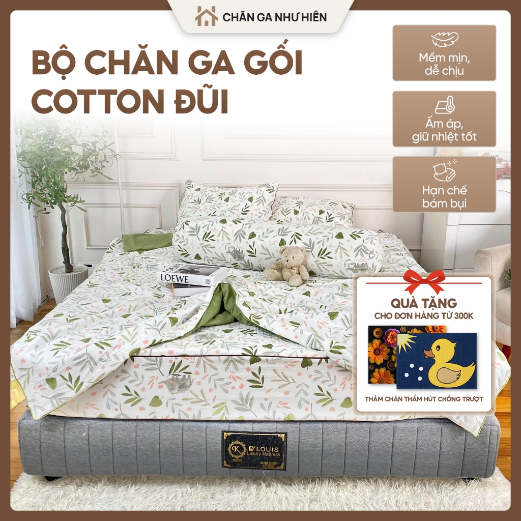 Bộ Chăn Ga Gối 5 Món (Có Vỏ Gối Ôm) Cotton Đũi Đậu Nành Cao Cấp – Chăn Trần Bông Mềm Mịn, Thoáng Mát, Thấm hút