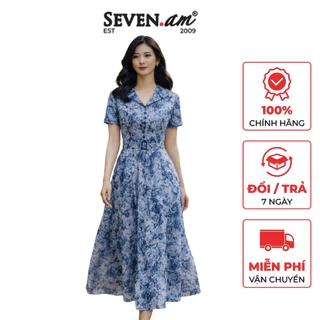 Đầm xòe tơ xanh light navy họa tiết hoa thắt eo tôn dáng thời trang nữ Seven.AM H633729K