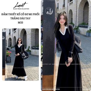 Đầm thiết kế cổ sơ mi phối trắng dài tay LUST Váy cổ V dáng maxi xòe phồng thiết kế basic M33