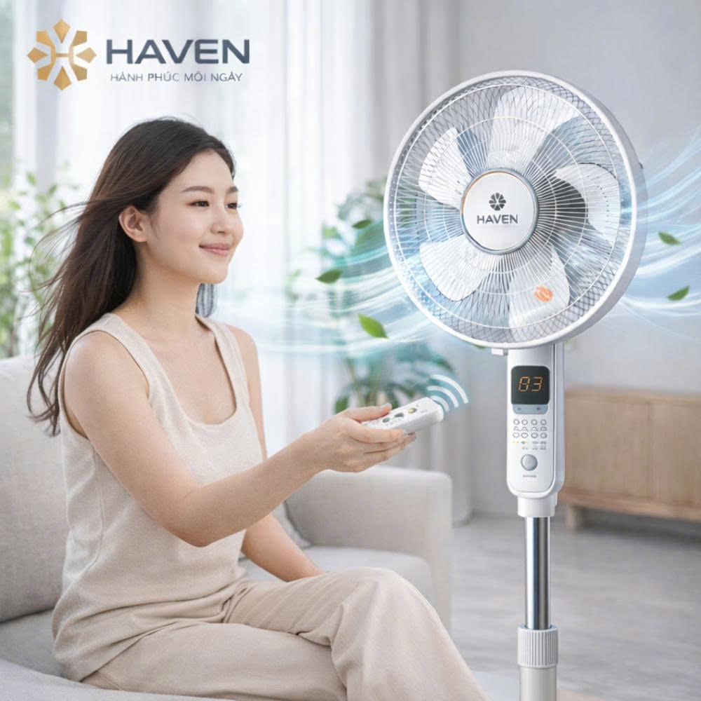 Quạt Cây Gió Mạnh Êm HAVEN 89 55W 5 Cánh Remote Điều Khiển Từ Xa Hẹn Giờ 24h Siêu Mát