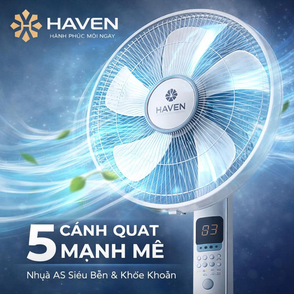 Quạt Cây Gió Mạnh Êm HAVEN 89 55W 5 Cánh Remote Điều Khiển Từ Xa Hẹn Giờ 24h Siêu Mát